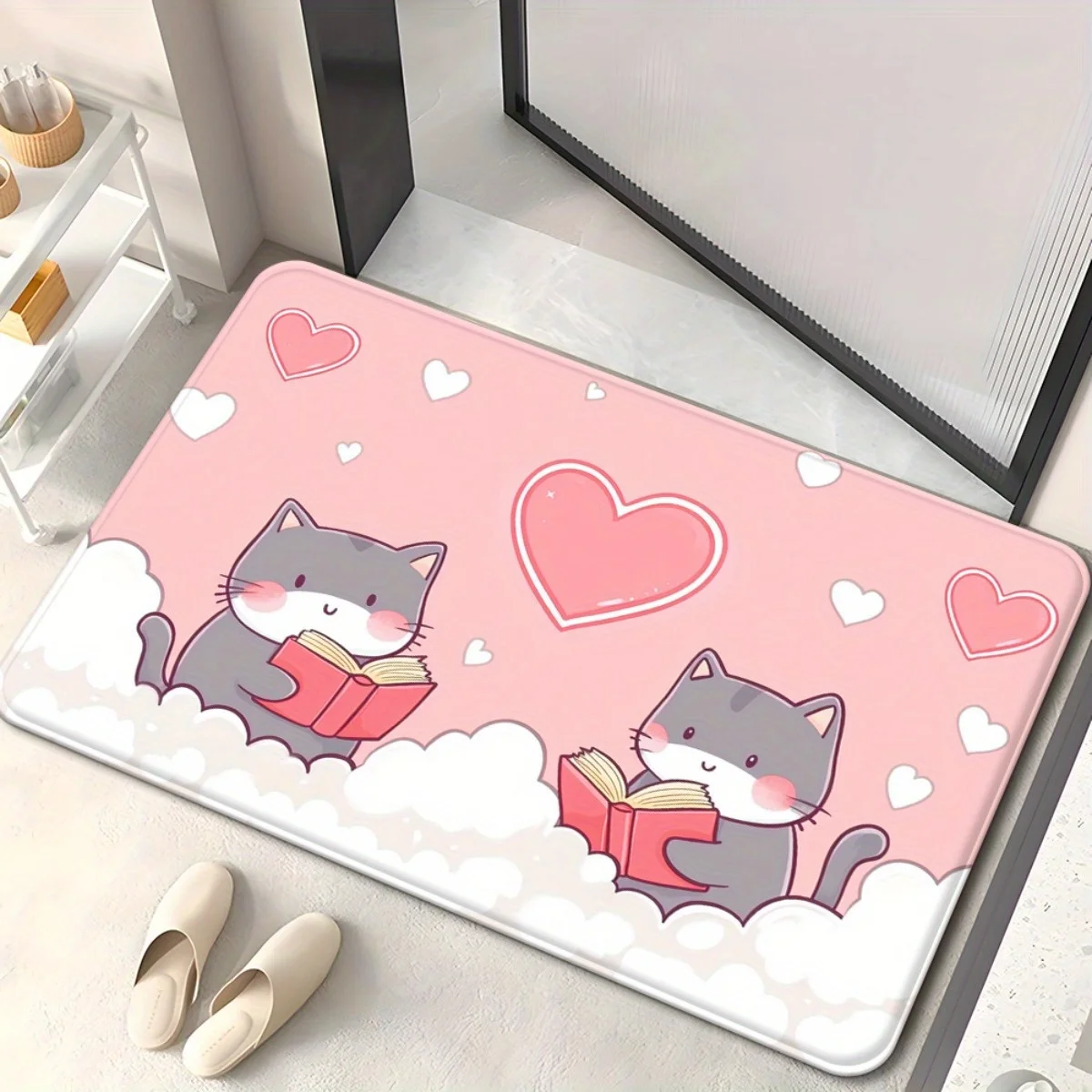 1pc Two cats reading heart-patterned doormat, machine washable polyester, suitable for bedroom and living room decoration.