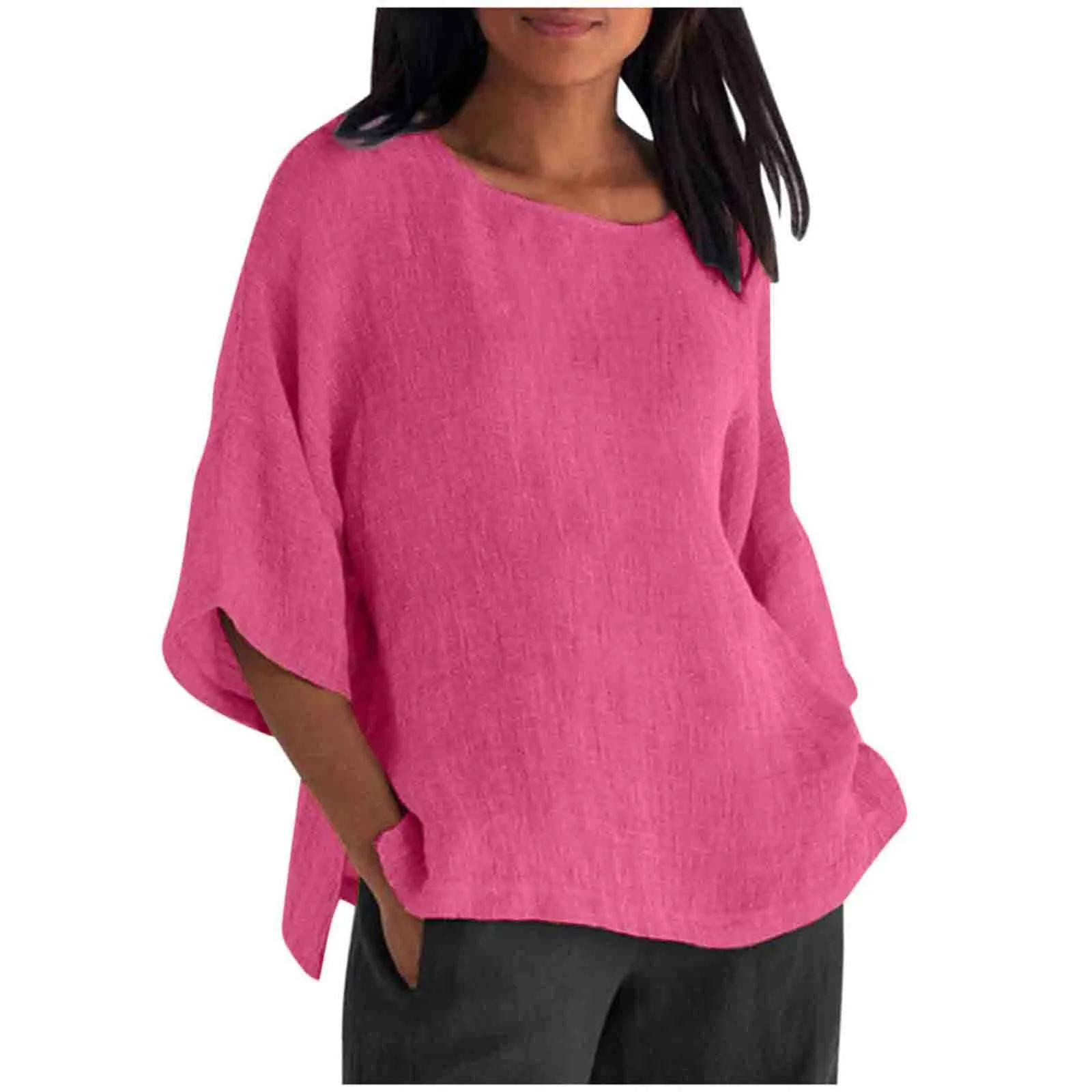 2026 Women Blouse Shirts new foreign trade women's seven quarter sleeved round neck cotton and linen shirt top woman Blouses