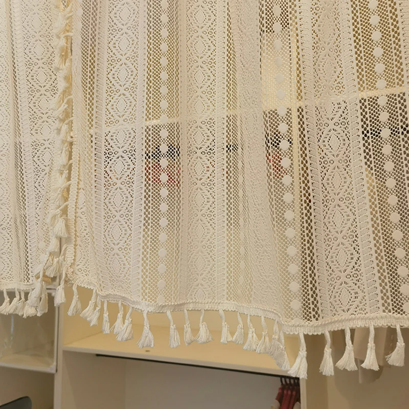 American Country Crochet Hollow Tassels Curtains for Roman Window Kitchen Manual White Geometry Rhombus Curtains for Kitchen 506