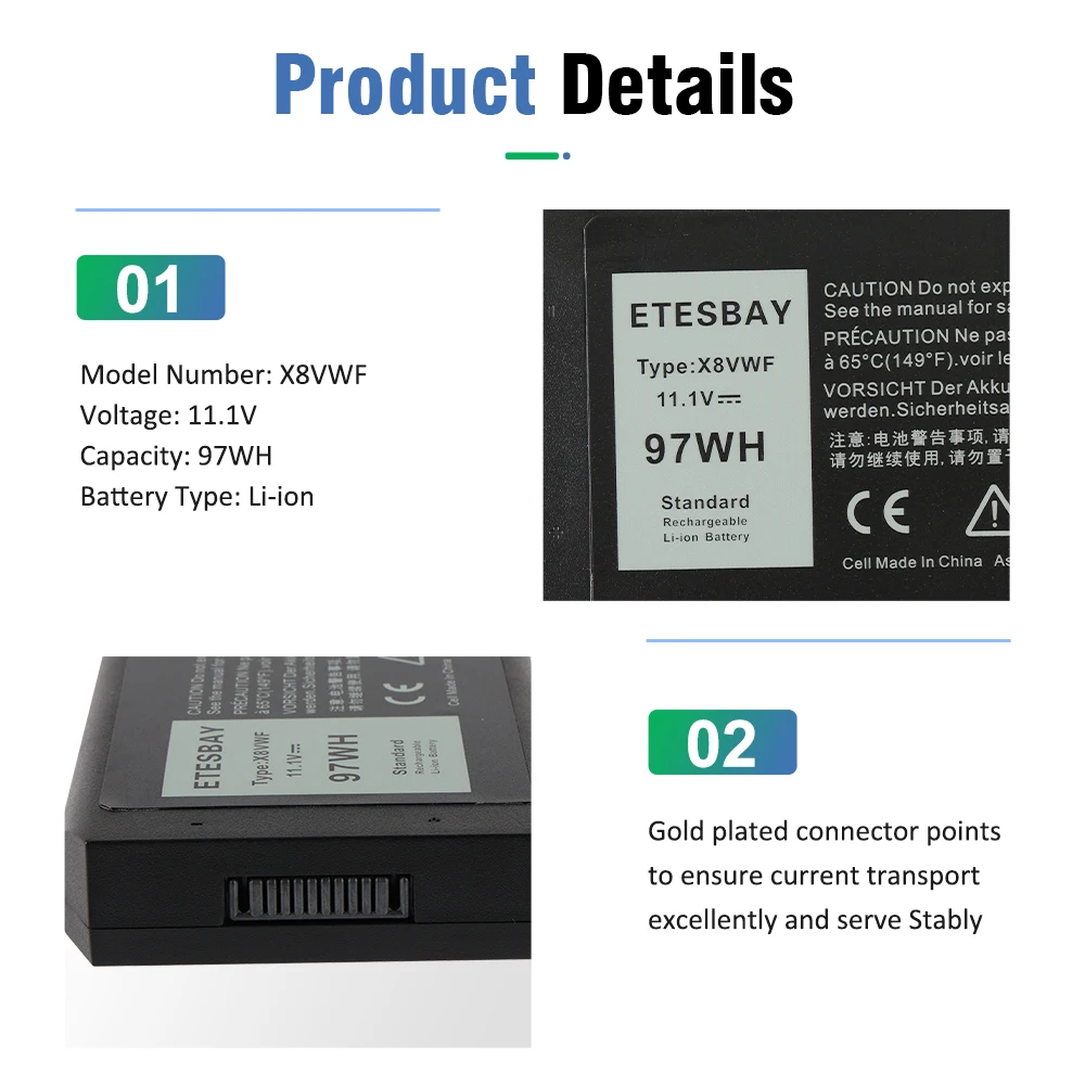 ETESBAY-Batterie d'ordinateur portable X8VWF pour Dell Latitude 14, robuste, 5404, 5414, E5sediExtreme, 7404, 7414, E7sediSeries, 4XKN5, DKNKD, P45G, P46G