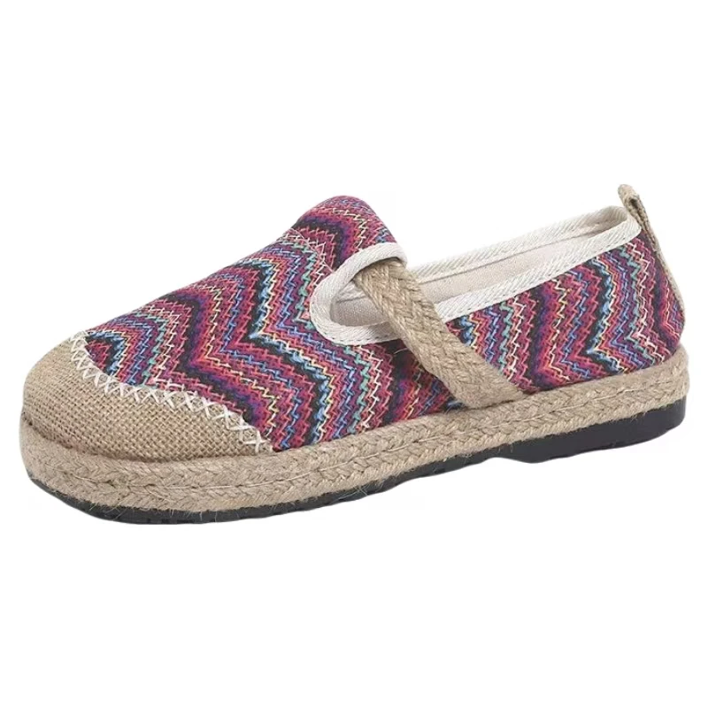 Women Color Striped Big Size Cloth Shoes Spring Autumn New Soft sole Round Toe Shallow Slip Ethnic Style Linen Fishermen Shoes