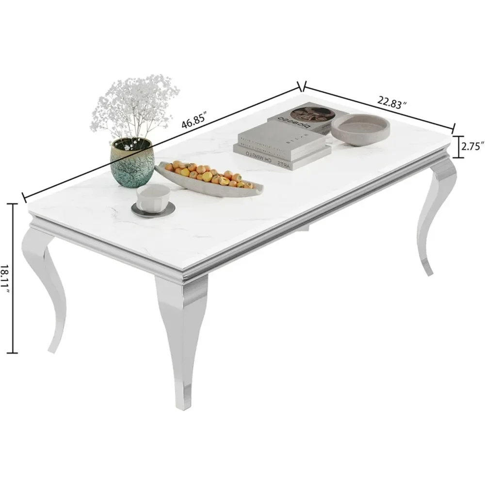 Table basse en marbre blanc avec miroir, base en métal en acier inoxydable, tables de café, 47 po