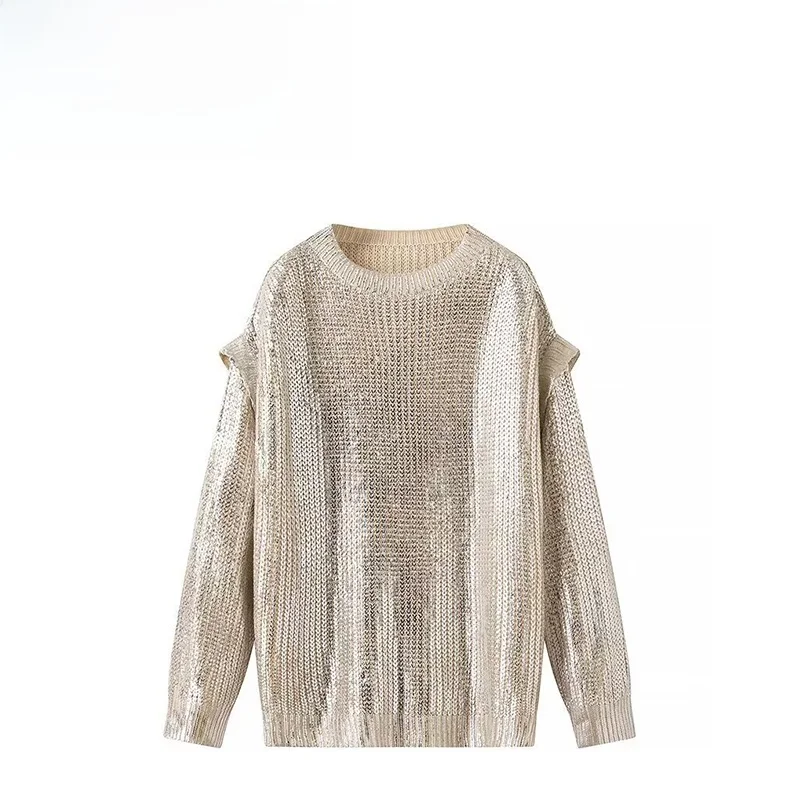 

ZBZA Faionable Metal Collar Oversized Long Sve Women's Sweater Street Sle round Ne Pullover Autumn New Arrival