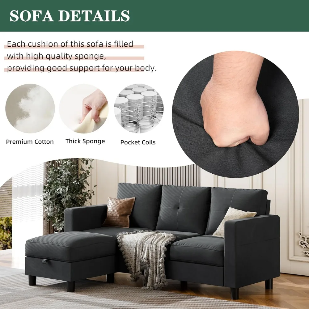 أرائك جامفلي المقطعية لغرف المعيشة، أرائك على شكل حرف L مع مساحة تخزين، أطقم أريكة مدمجة للمساحات الصغيرة مع ميزة التنقل #5