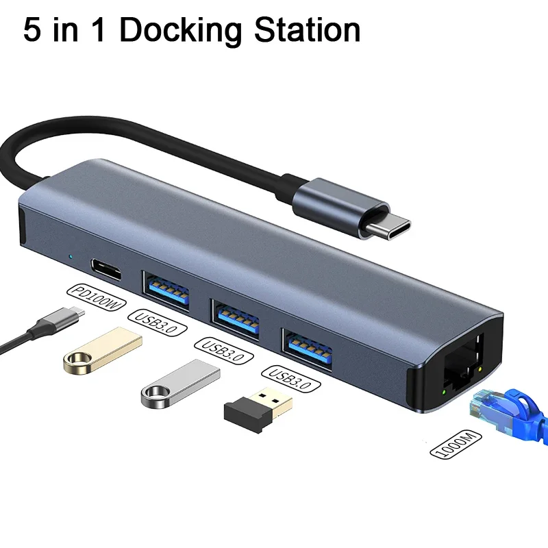 

5 In 1 Usb-C Hub 3.0 1000mbps Rj45 Ethernet Hub Expansion Base Type-C Pd100w Base Multifunctional Expansion Adapter