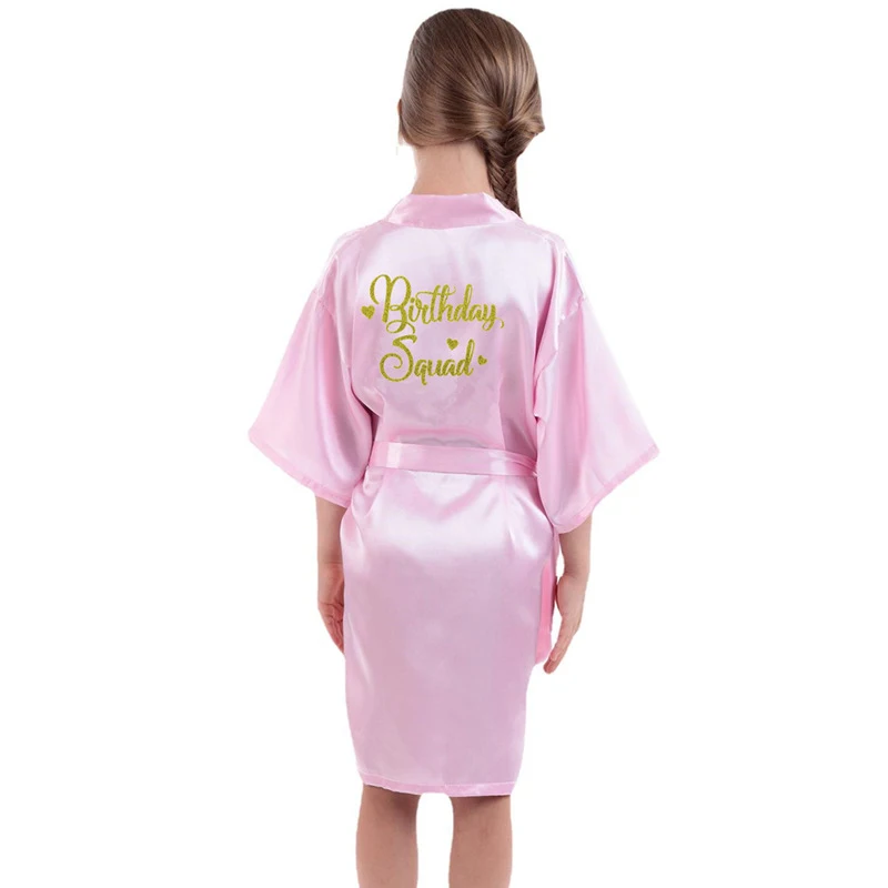 Wholesale Birthday Squad Gold Glitter Letter Girl Robes Satin Pure Color Kimono Bathrobes for Spa Wedding Birthday Party L329