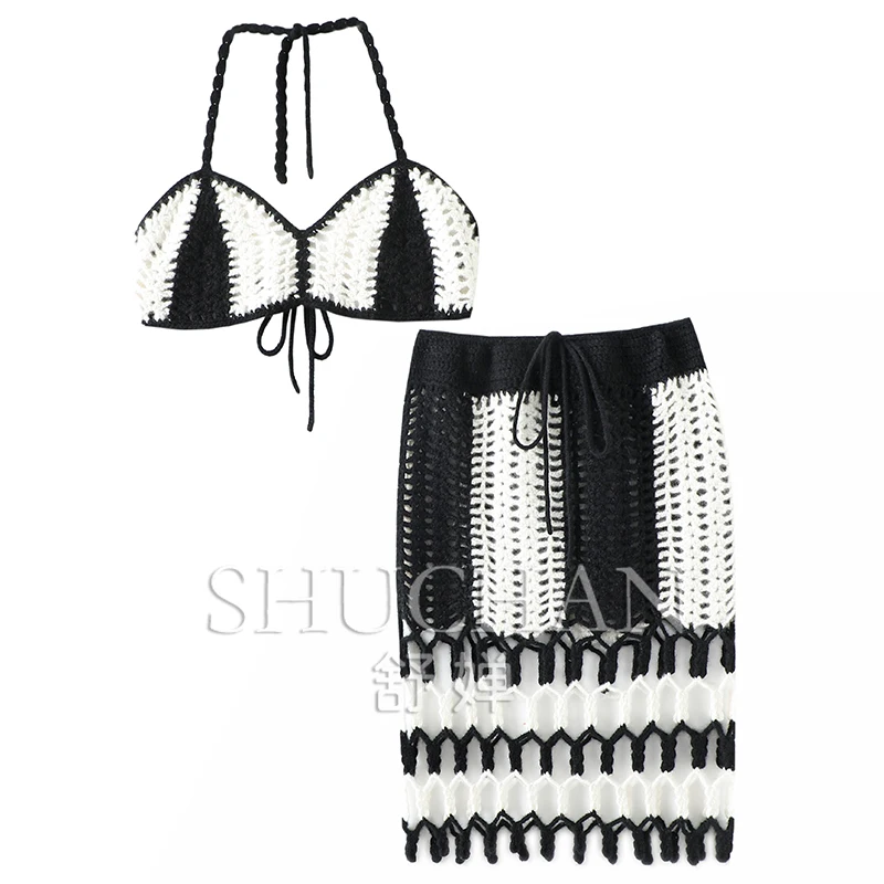 Pure Hand-woven Cashmere Sweater Women's Pure Cashmere Skirt Bikini Set Beach Outfits for Women  Sexy Two Piece Set Women