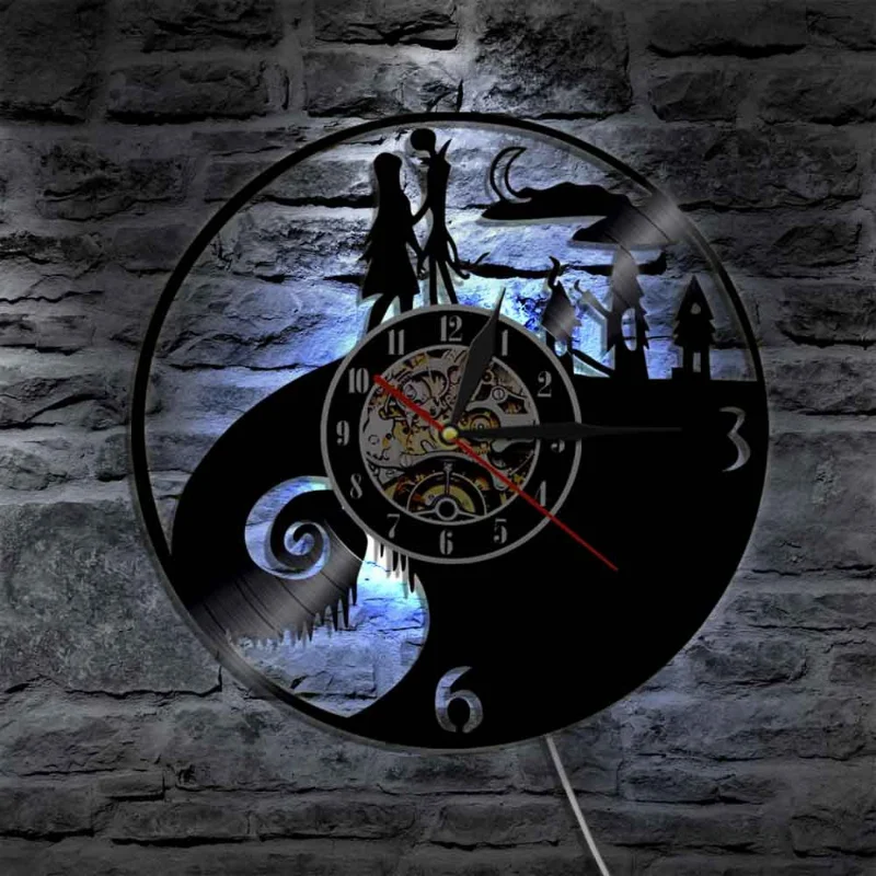 Nightmare Before Christmas Vinyl Record Wall Clock for Home Theater Movie Room Decor Cartoon Characters Halloween Clock Gift Toy