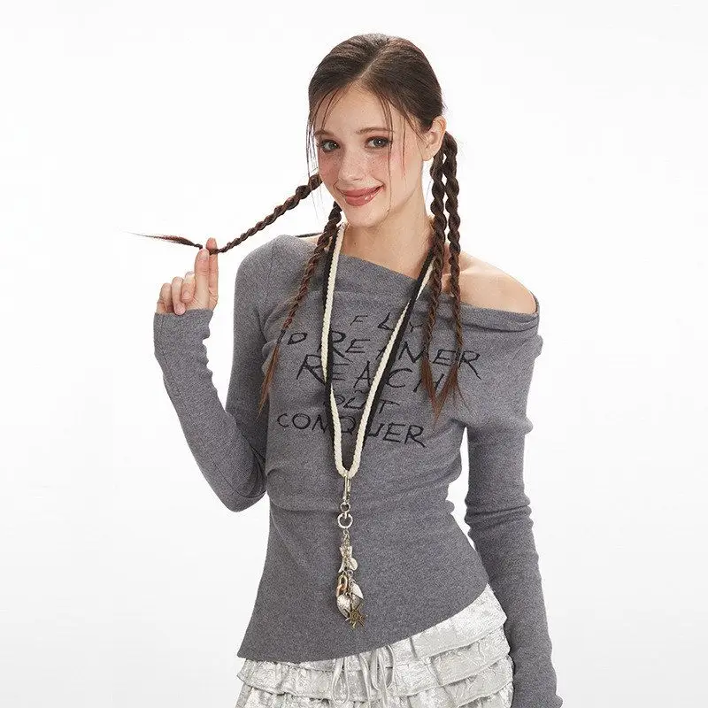 HeyHenry Slim Fit gebreide top oulder Bared Long Sve Autumn irt American Sle Retro Thinming Trendy ort Lengte Side...