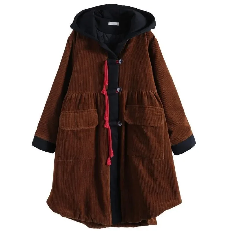 2024 Autumn and Winter New Art Retro Color Block Cotton Corduroy Coat Women\'s Loose Solid Casual Cotton Coat Trendy Solid Color