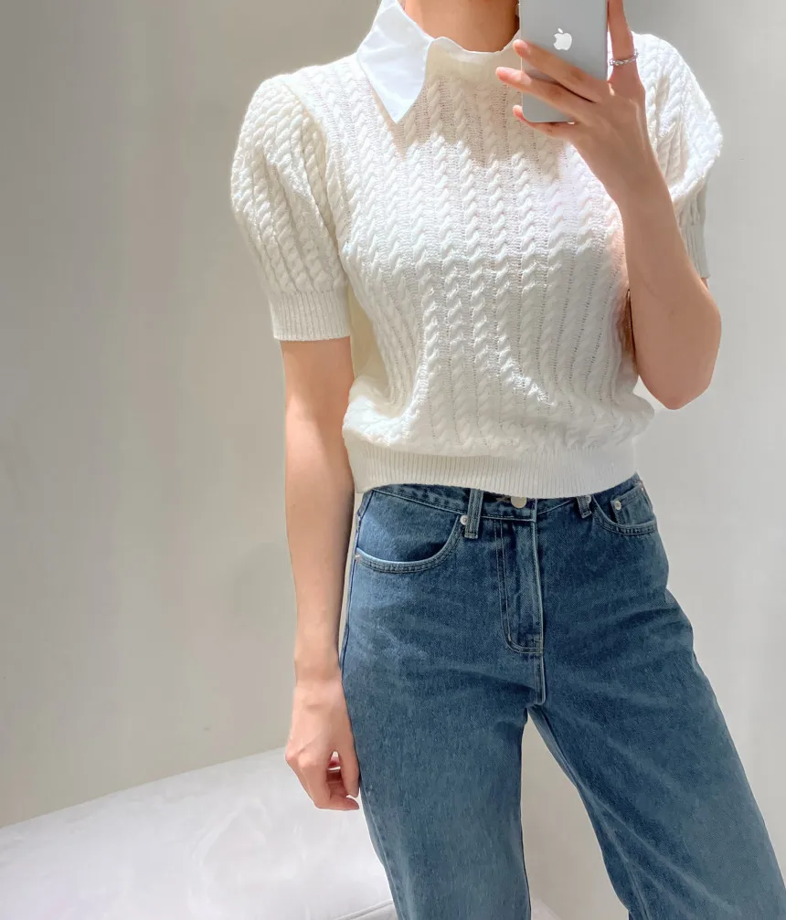 Korean Vintage Knitted Sweater Tshirt Women Fake Two Pieces Puff Short Sleeve Turn-down Collar Tees Tops Workwear Fashion Jumper