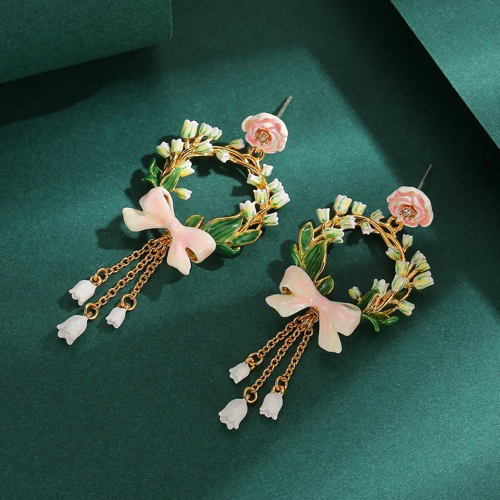 Original Design Fashionable Pink Rose Butterfly Knot Bell Orchid Long Style Tassel Style Earrings