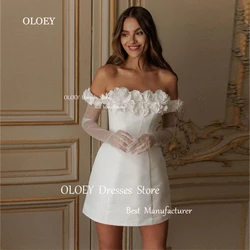 OLOEY Elegant Strapless Satin Mini Wedding Dress 3D Flowers Vestido de noiva Prom Dress Bridal Gown A-Line Corset With Gloves