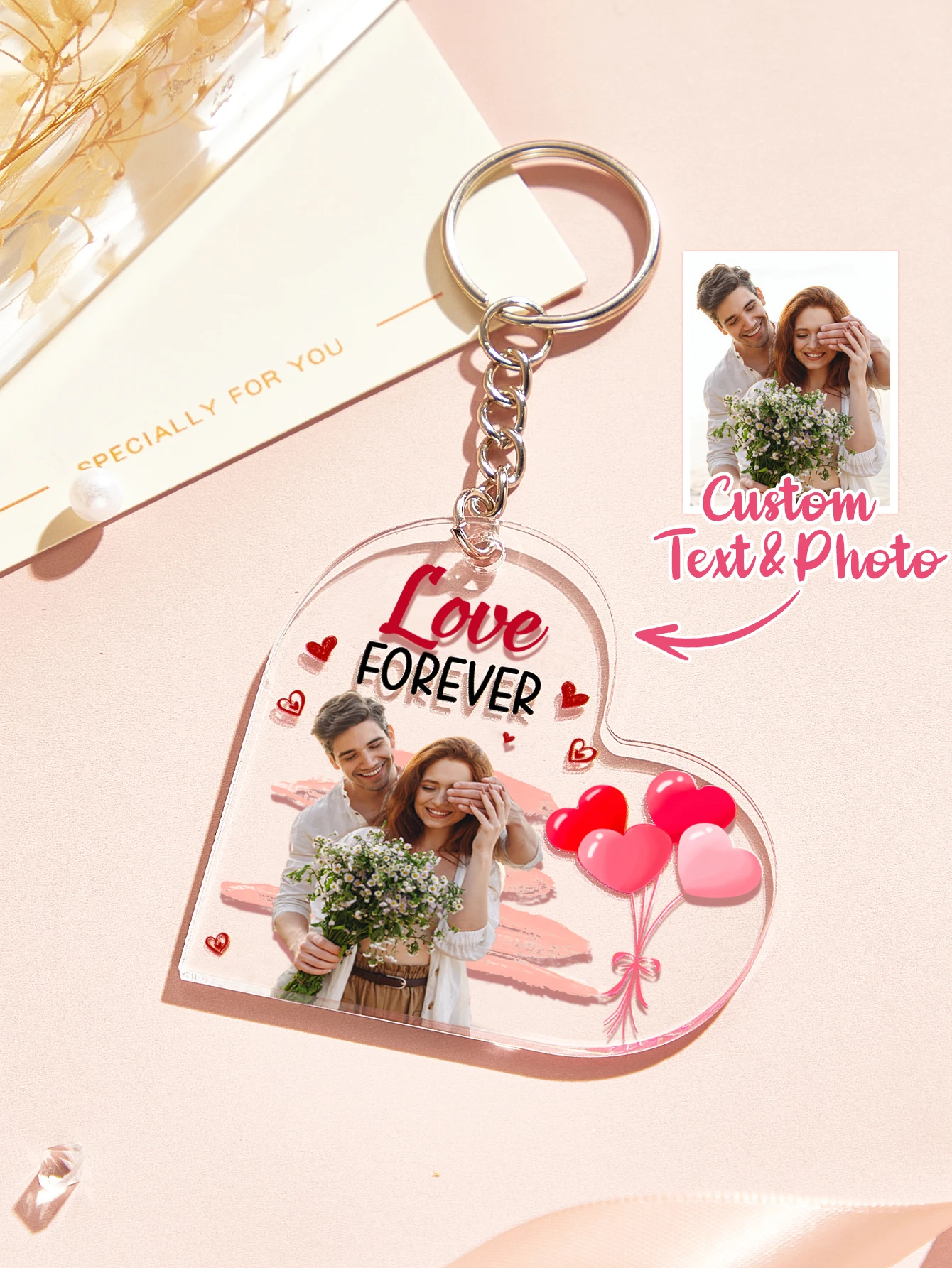 Custom Photo Keychain Personalized Heart Acrylic Keyring Couples Best Friends Gift Anniversary Birthday Christmas Present