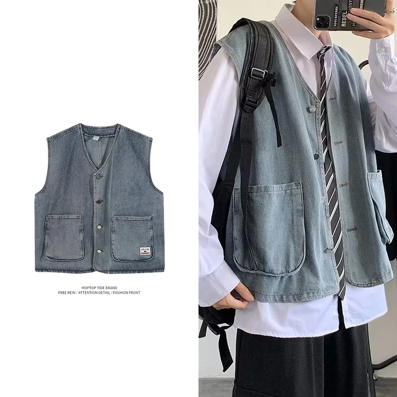 Loose Fit American Style Men's Denim Vest Jacket Sleeveless Spring Autumn Casual Youthful Design Daily Wear for Teens