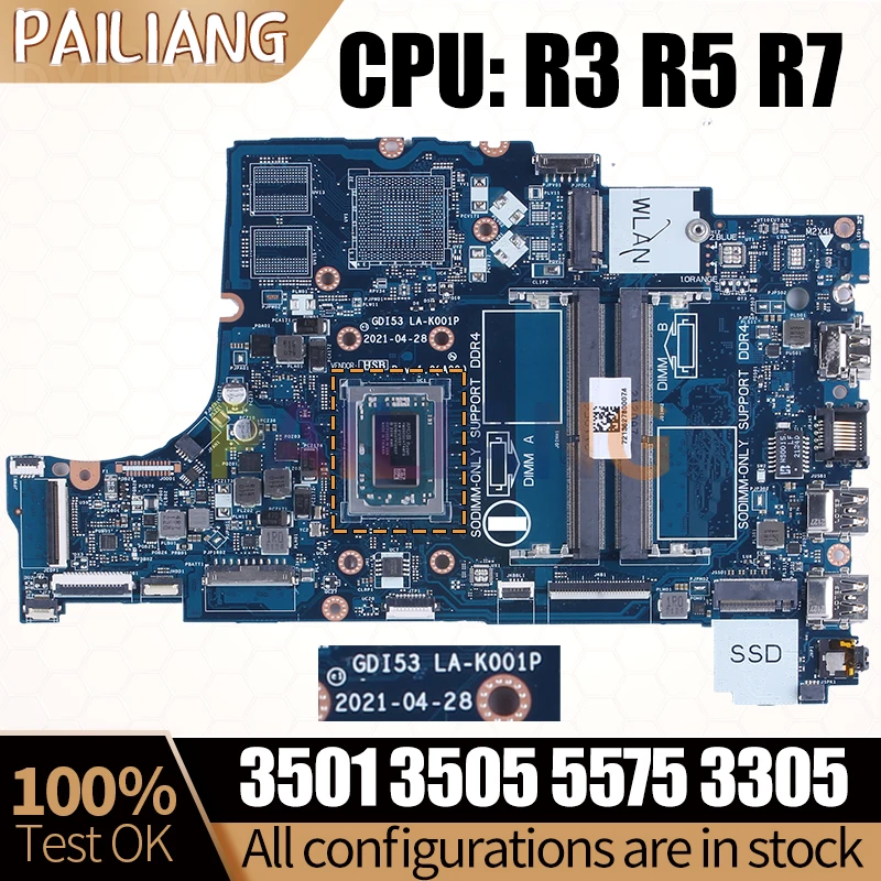 

For Dell 3501 3505 5575 3305 Notebook Mainboard LA-K001P 05HPX6 0P92W5 00VPNP 05HPX6 YM3050 YM3450 Laptop Motherboard Full Test