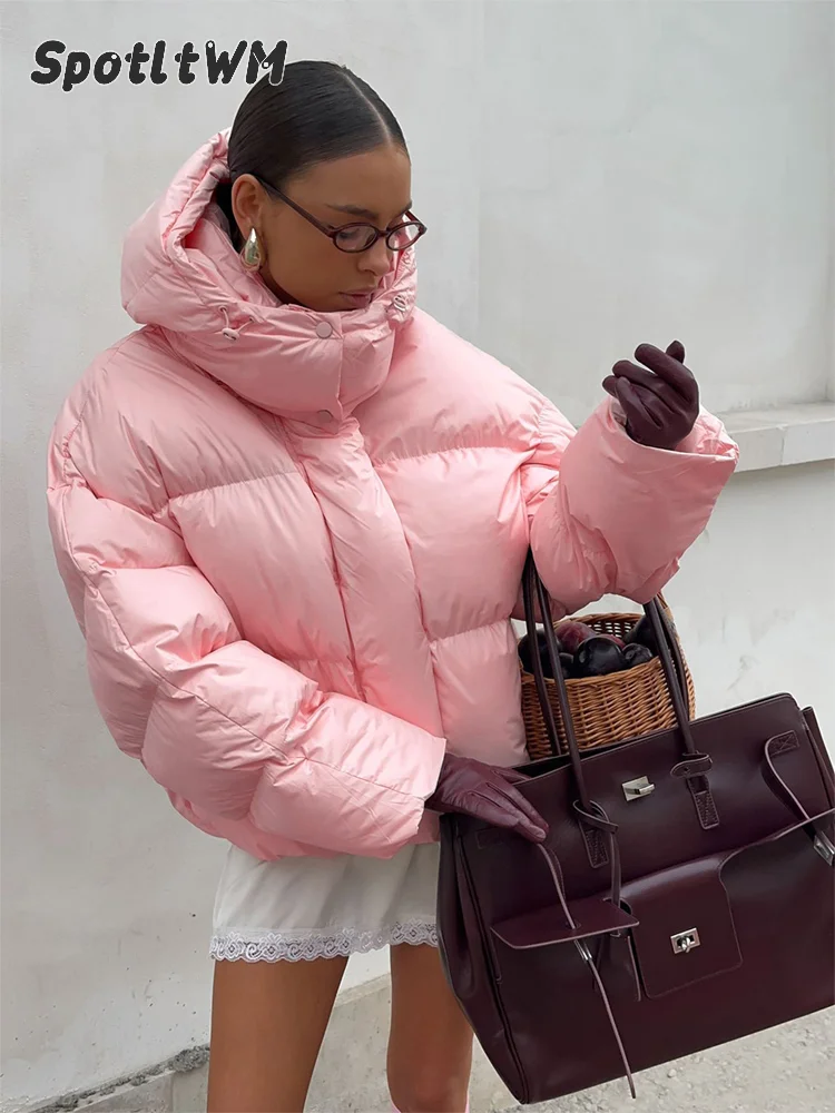 Women Solid Hooded Puffer Jacket Oversized Loose Long Sleeve Zipper Solid Color Female Warm Winter Casual Windproof Outerwear