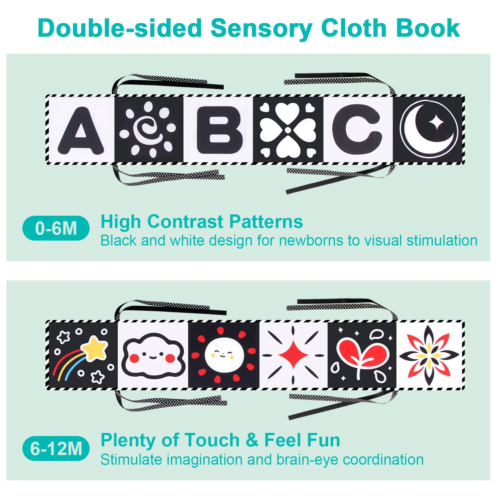 Baby Sensory Cloth Book High Contrast Baby Toys Newborn Crib Toys Black and White Animal Cloth Books 0-36 Months Montessori Toys