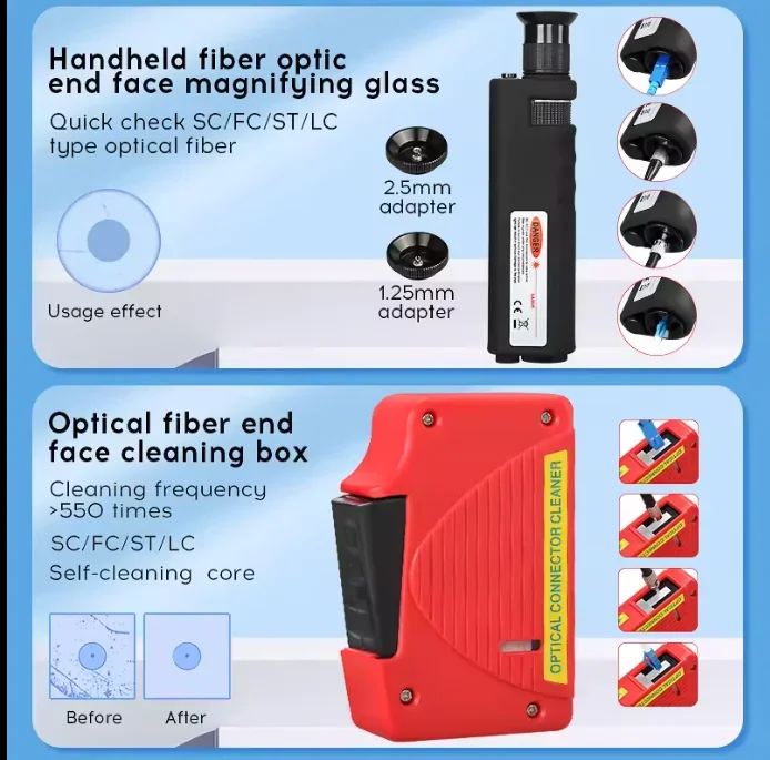 مجموعة أدوات اختبار الوجه لنهاية مكبر الصوت من FTTH تستخدم أداة تنظيف فحص الألياف الضوئية مع قلم تنظيف وصندوق
