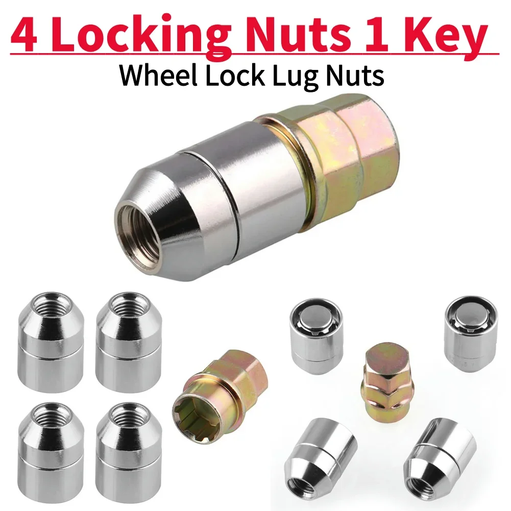 4 Locking Nuts 1 Key Universal Tire Wheel Lock Anti-Theft Screw Lug Nuts Iron Auto Tire Wheel Lock Accessories Easy Installation