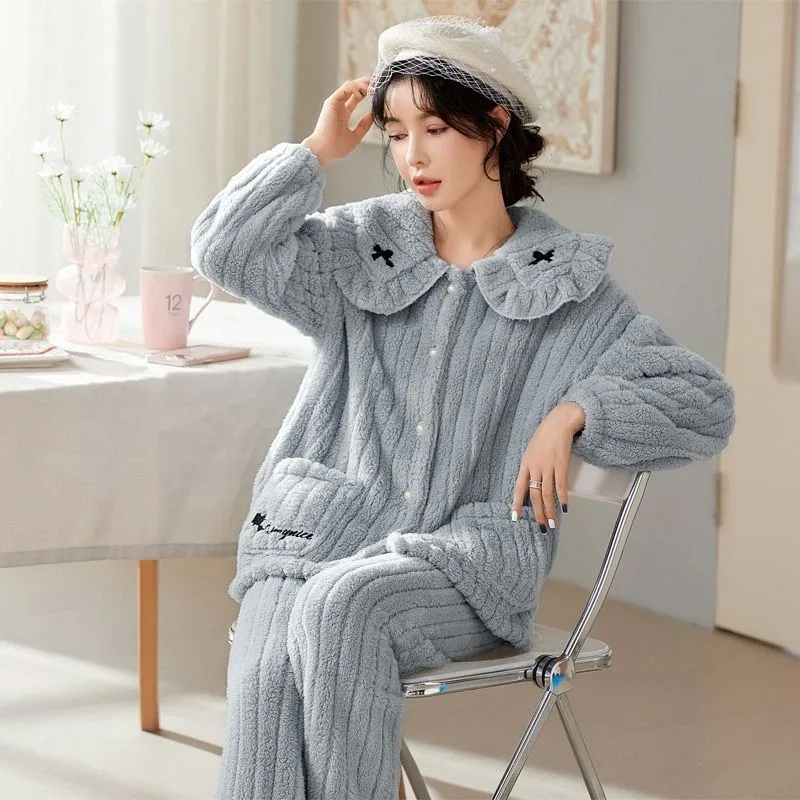 

2023 New Sleepwear Women's Autumn Winter Loungewear Coral Plush Doll Neck Sleepwear Cute Long Plush Nightwear Set Warm Homewear