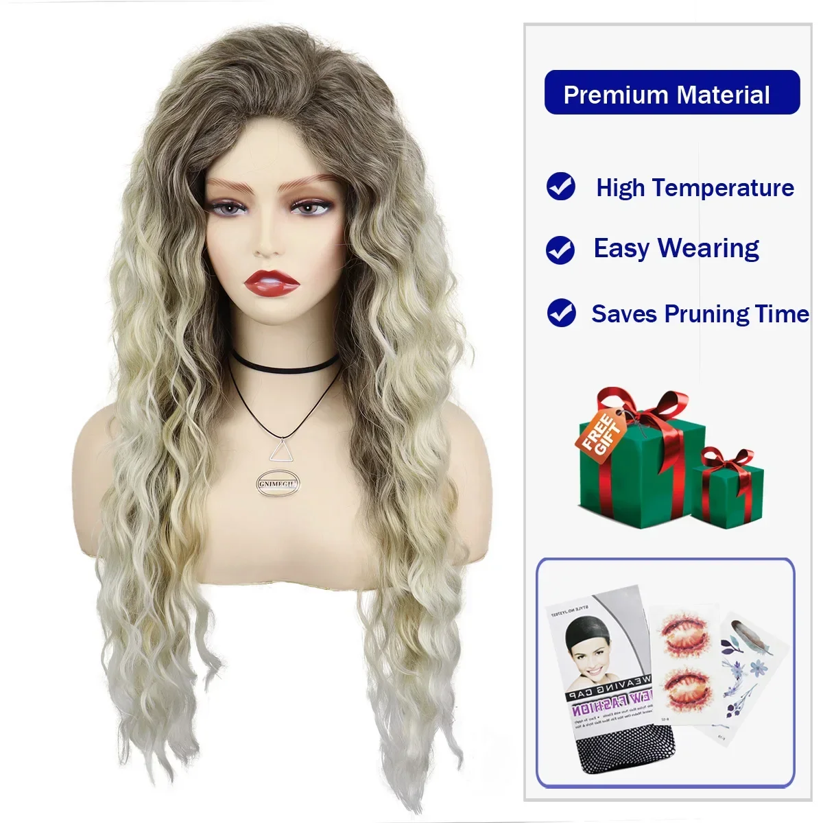 Synthetic Womens Wig Long Hair Ash Blonde Curly Wigs Female Natural Wavy Drag Queen Regular Wig 80s Brown Ombre Wigs for Girls