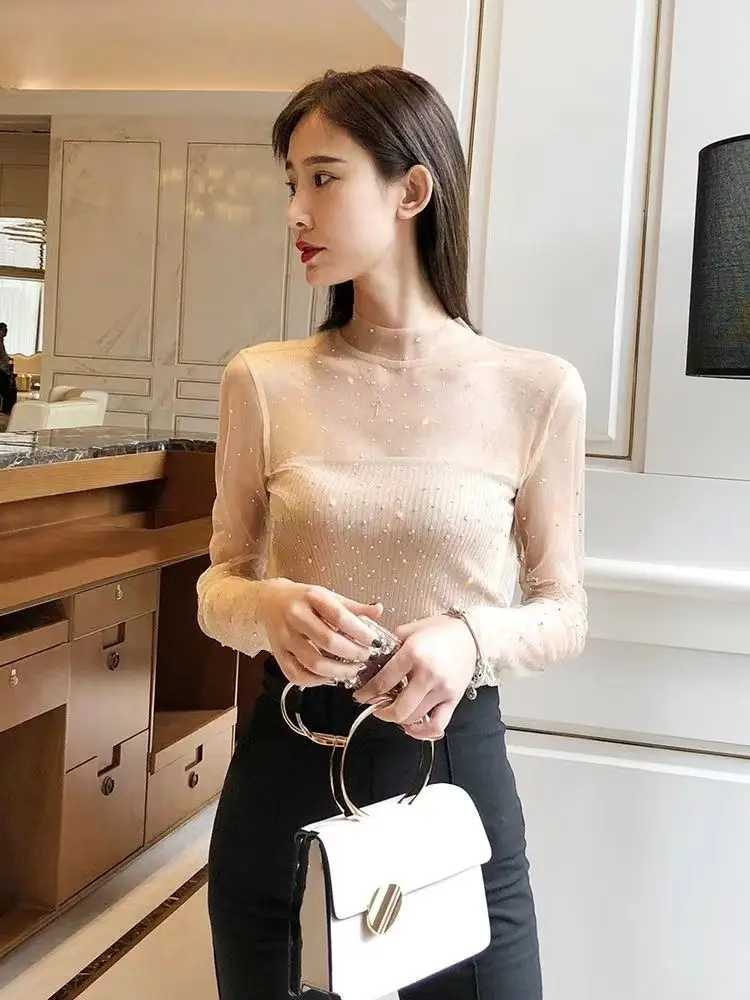 透明レースメッシュトップファッショナブルな透明インナースパンコールスプライシングベースシャツ女性用