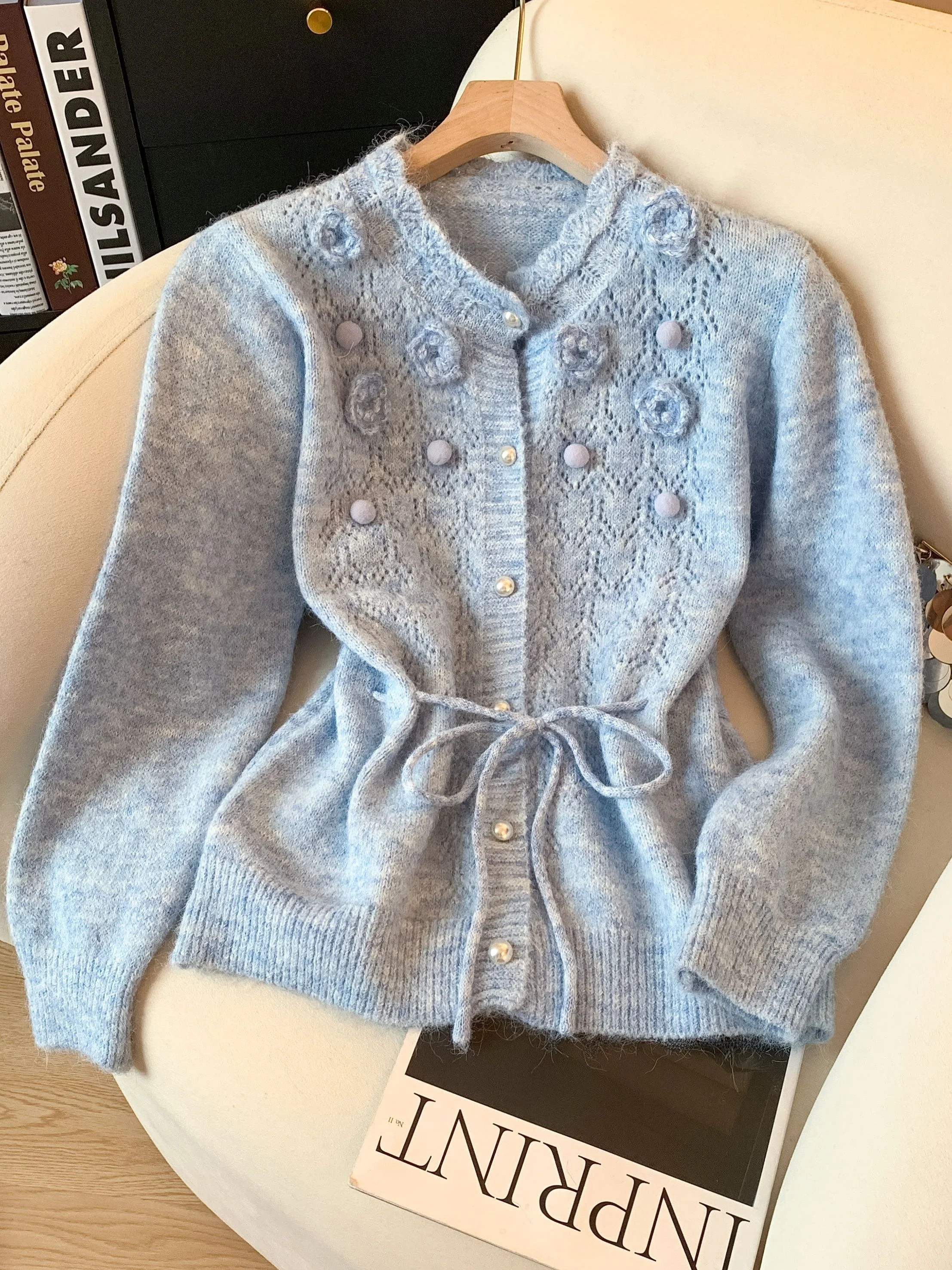 

Желтый вязаный кардиган с вышивкой и поясом для женщин, весна-осень, с ажурными элементами, цветочным 3D-узором, универсальный топ