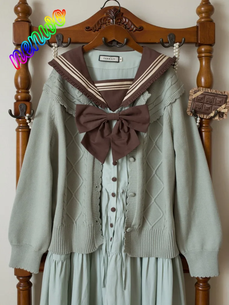 

Японский вязаный кардиган в стиле кавай-лолита для женщин, винтажный, с рюшами, круглым вырезом, длинными рукавами, свитер-пальто, повседневный топ Y2K для девушек