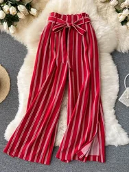 Summer New Fashion All-match Women's Casual Pants Retro Striped Color Slim Long Slit Wide Leg Pants DK1053