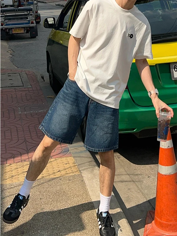 

Washed Deep Blue Men's Denim Shorts Summer American High Street Workwear Five-Quarter Pants Zipper Design Sensation Trousers