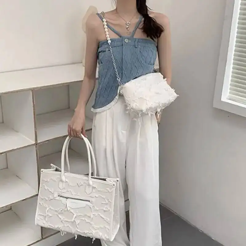 Bloom Haruku White Large Capacity Tote Women Retro Pearl Tassel Casual Shoulder Bag Female Elegant Handbag Purse