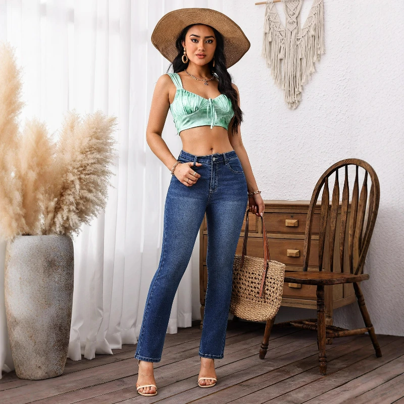 

Женские джинсы с высокой талией, брюки Bootcut, элегантные однотонные облегающие брюки с карманами, женские джинсовые брюки с запахом, уличная одежда на бедрах, осень