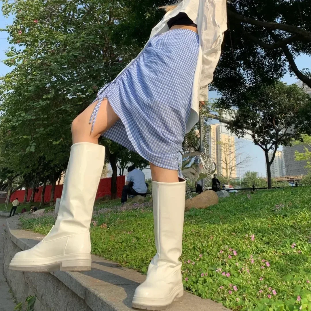 Round Toe Transparent Rubber Soles Knee-High Boots White Flat Slip-On Long Botines Versatile Patent Leather Knee-High Botas