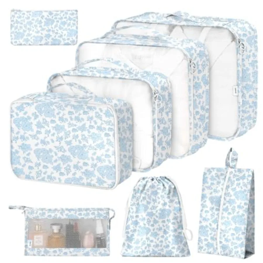 

8 Set Packing Cubes for Suitcases with Shoe Cosmetics Clothing Accessories Bags Blue Flowers Travel Luggage Organizer for Women