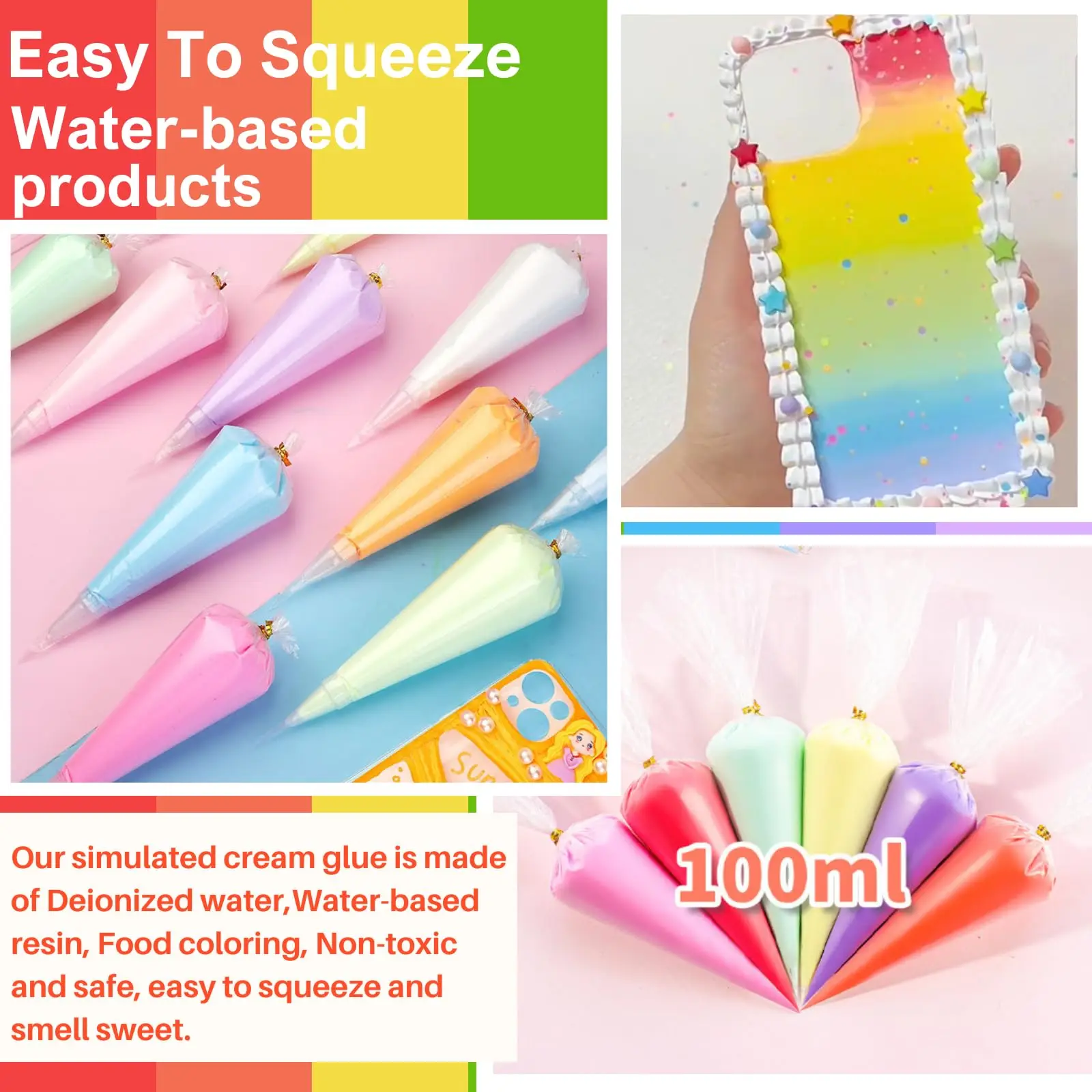 100g simulation buttercream adhesive with nozzle for cell phone cases, DIY cupcakes, sundaes and birthday gifts.