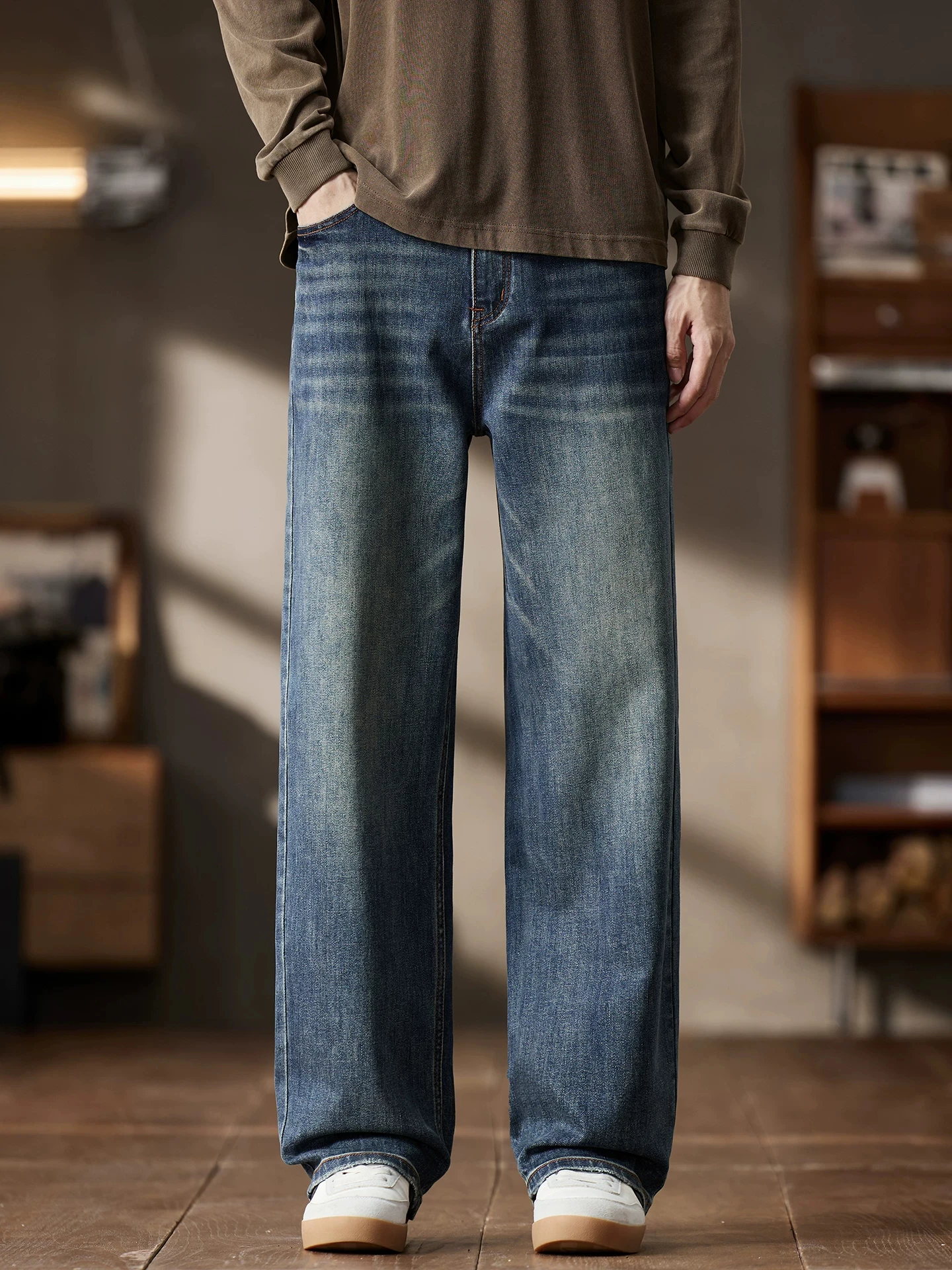 American Retro Jeans for Men, Trendy Brand, Loose Wide-Leg, Stretchy, Slightly Tapered, Casual Long Pants, Plus Size for Big and Tall Individuals