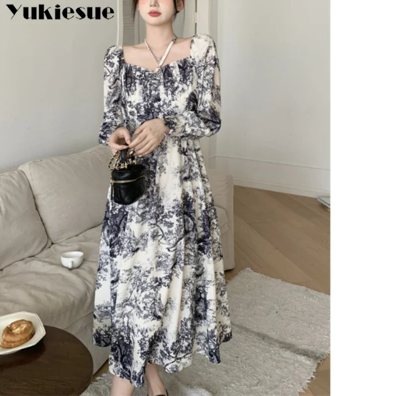 Elegant Square Collar Slim Waist Female A-line Dress Spring Korean Print Dress Vintage Floral Printed Mid-Length Dress Women