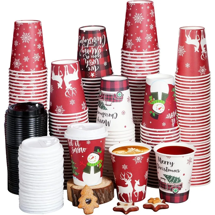 

100 Pieces 12 oz Christmas Paper Cups with Lids for Cold and Hot Beverages Disposable Coffee Cups Featuring Snowflake Snowman T