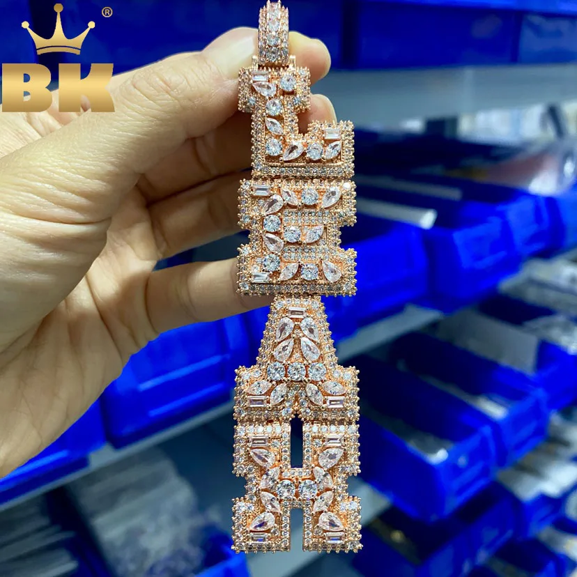 

TBTK Custom Vertical Initial Letter Pendant Mixed Inlay Different Shape Multi Color CZ NamePlate Necklace Hiphop Jewelry