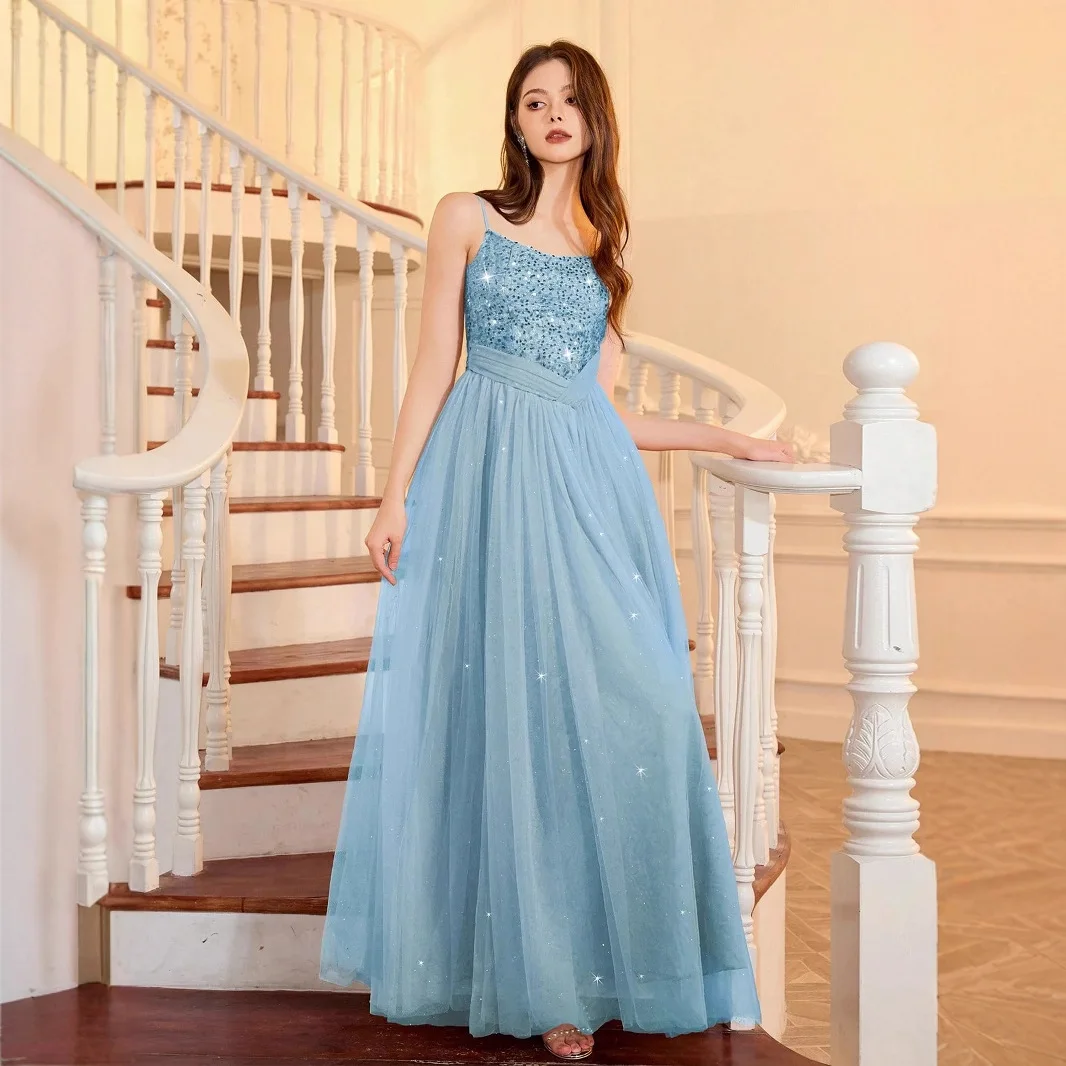 Sexy Slit Party Sequin Evening Gown Sheer Women's Suspender Dress Bridesmaid Dress