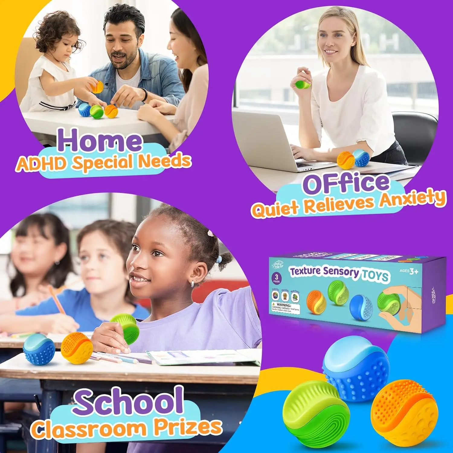 Fidget Toys – pierre sensorielle pour enfants, lot de 3, balle anti-Stress texturée Double face, tdah, pour adultes, essentiels relaxants au bureau