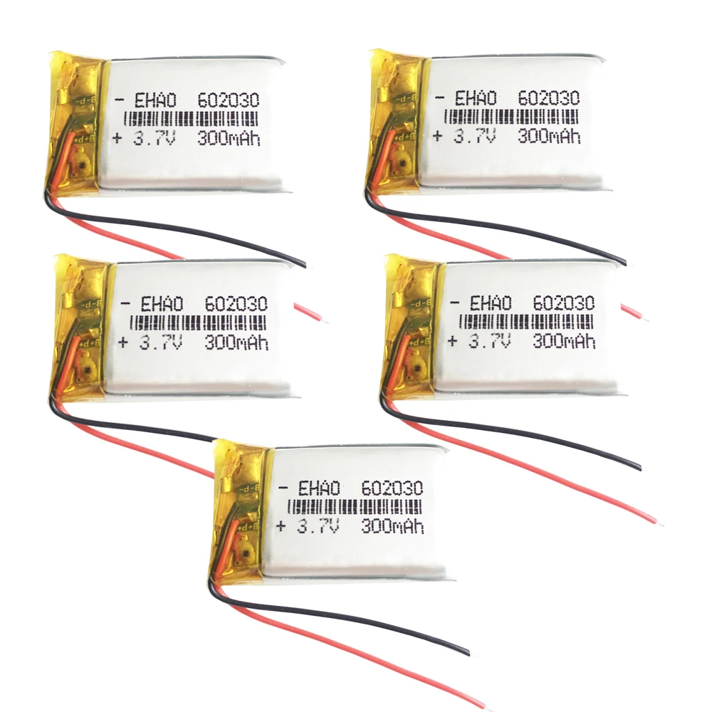 5 PCS  3.7V 300mAh 602030 Lithium Polymer LiPo Rechargeable Battery For Mp3 PAD DVD E-books Bluetooth Headset Camera 6*20*30mm