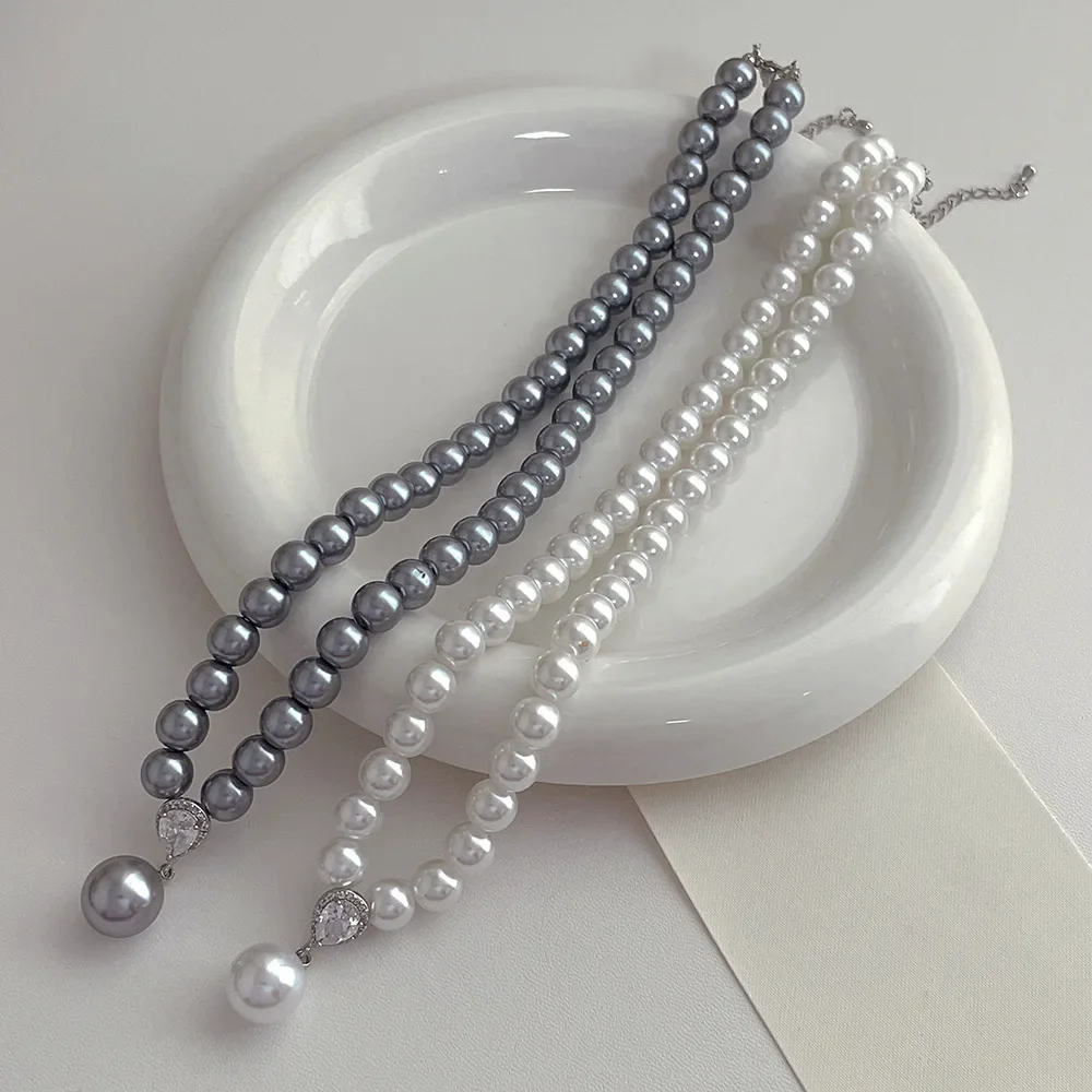 

Minar Classic Grey Color Imitation Pearl Beaded Necklaces for Women Femme Silver Plated Copper CZ Zircon Pendant Choker Necklace