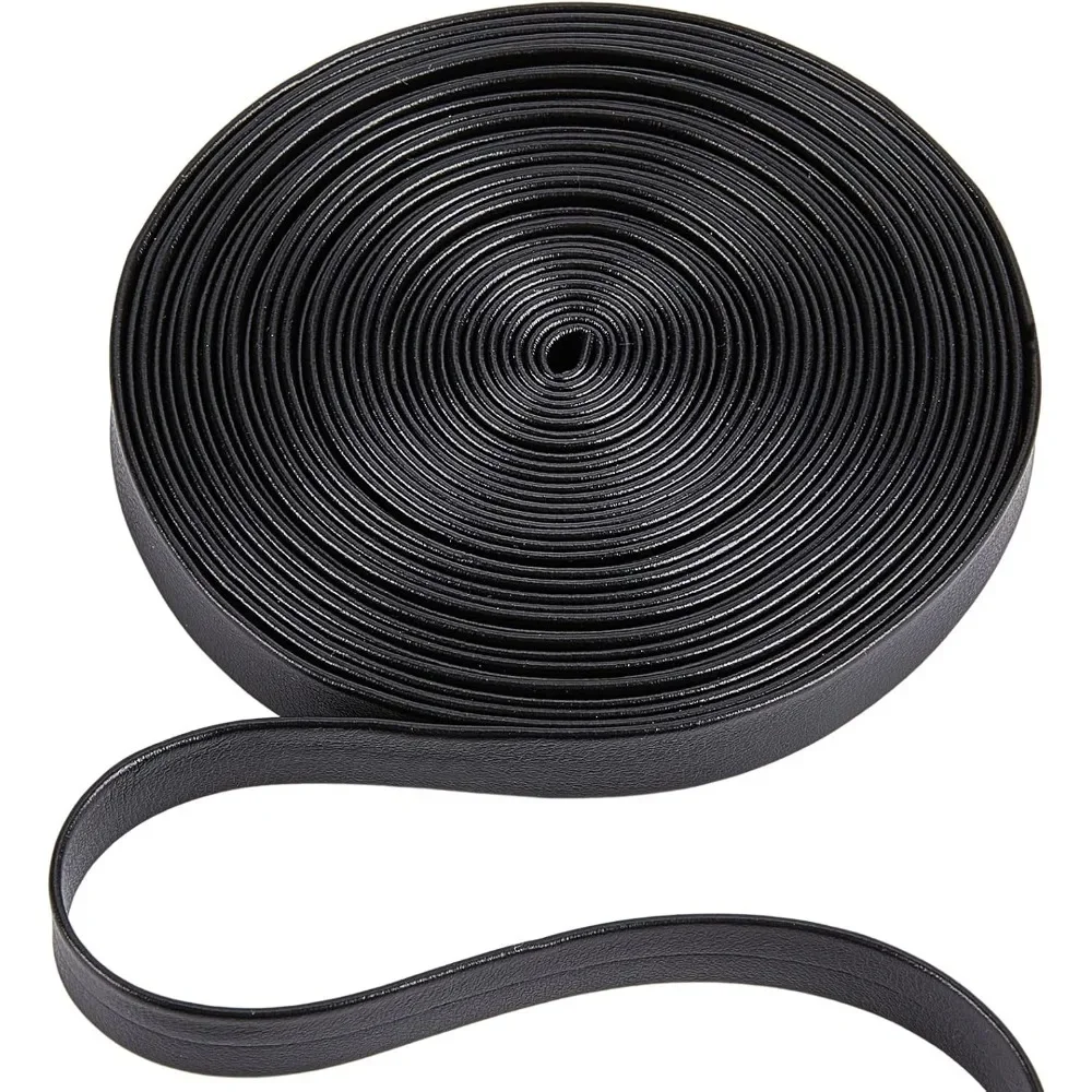 5m Foldover Leather Strips Leather Trimming Tape Black Lychee Grained Imitation Leatherette Strap 10mm Wide Flat Leather Cord