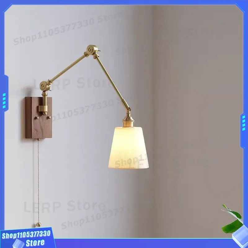 Nordic Medieval Wall Lamp Solid Copper Adjustable Folding Arm Retro Bedside Light for Bedroom Study B and B Decor Vintage