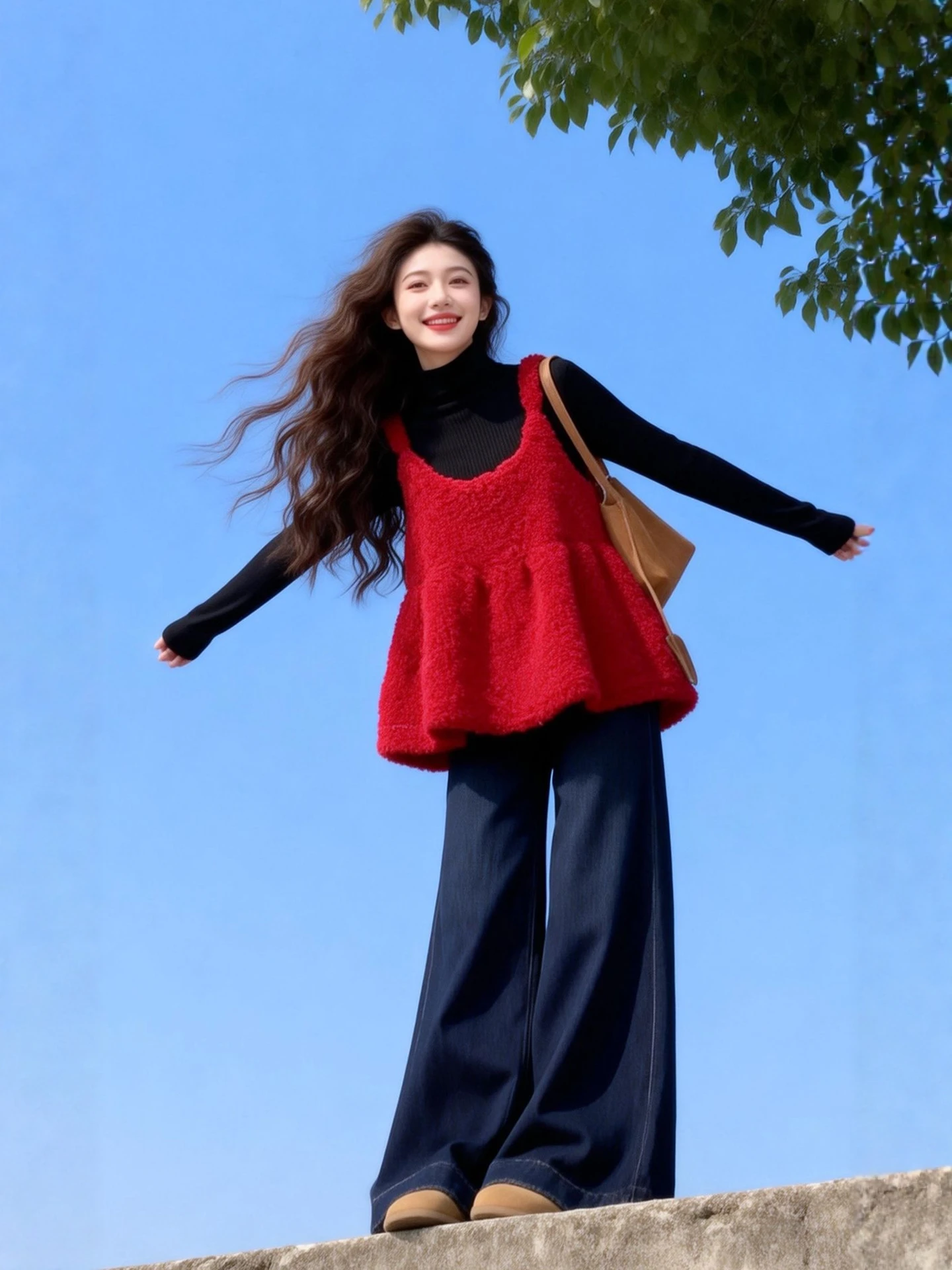 

Spring Faion plus Size Women's Red Vest T-irt Jeans New Year Aosphere Set Casual High Waist Loose Fit Polyester Blend