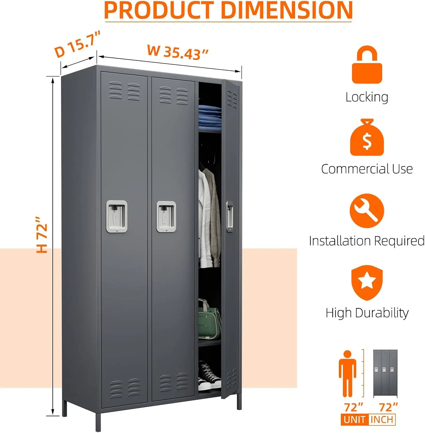 خزانة تخزين معدنية من أوبابو مع 3 أبواب، خزانة معدنية للموظفين مع 9 خطافات للمدرسة والمكتب والصالة الرياضية والمنزل