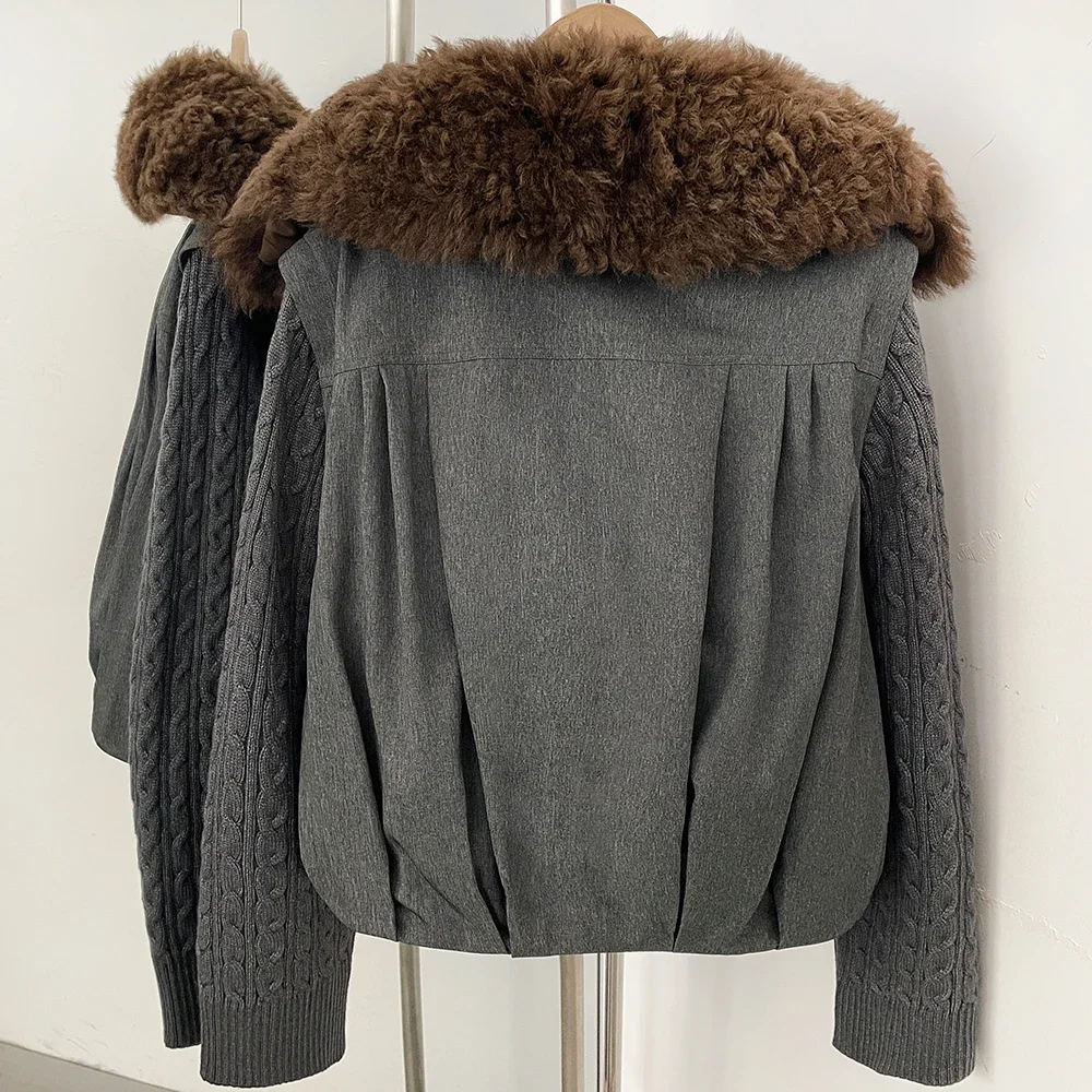 OFTBUY 90 White Duck Down Jacket Knit Sleeve Zipper Pockets Drawstring Short Coat Women Winter Real Curly Lamb Wool Fur Collar