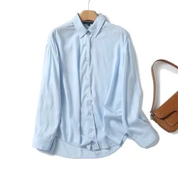 Tangada 2024 Women Blue Cotton Linen Blouse Shirt Long Sleeve Chic Female Loose Top 4C054